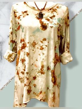 LOGO by Lori Goldstein Aqua Watercolor Mesh Tunic,with Vibrant Rust,Brown & Teal